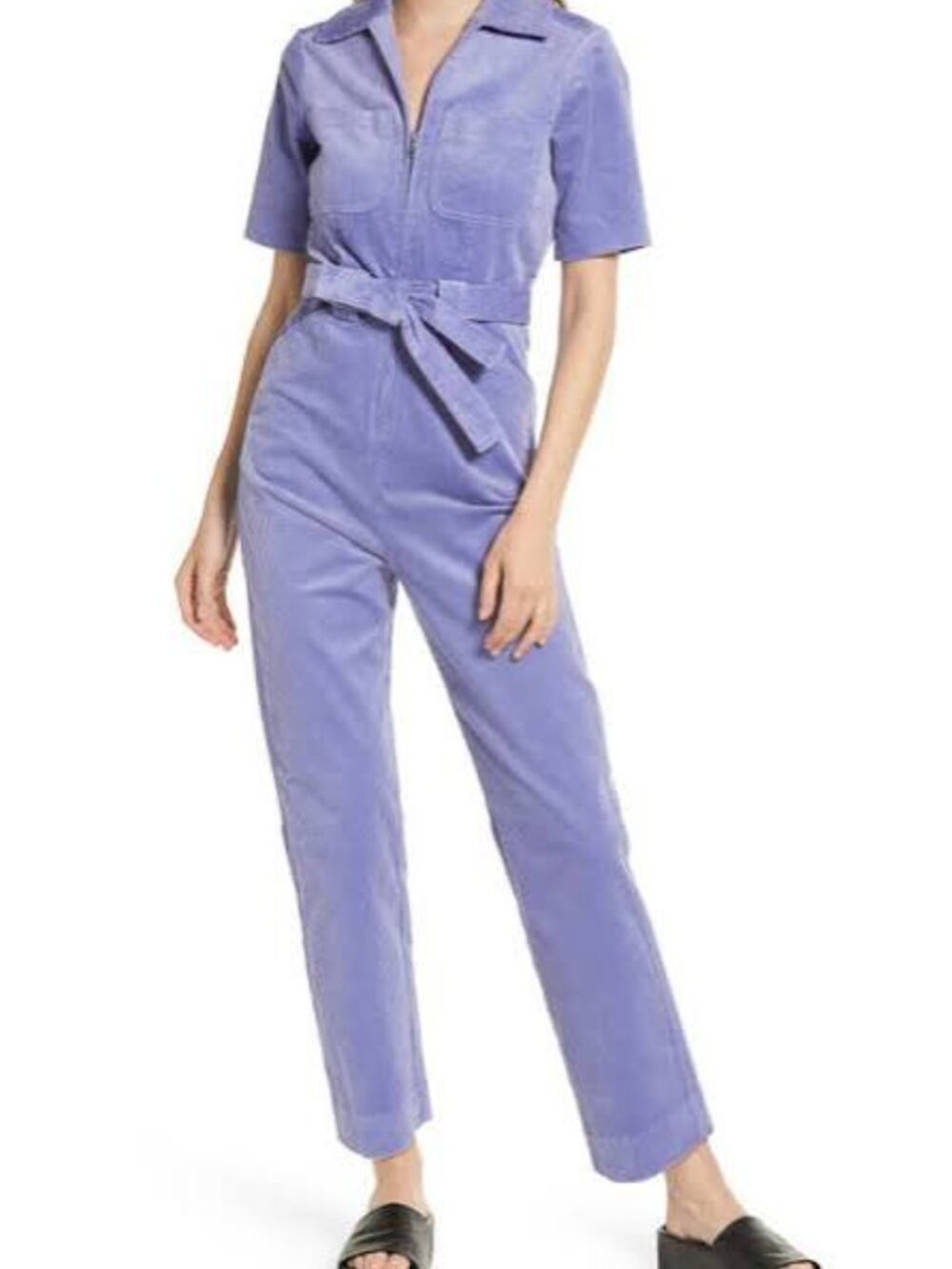 Short-Sleeve Corduroy Zip-Front Jumpsuit in Lavender Blue
